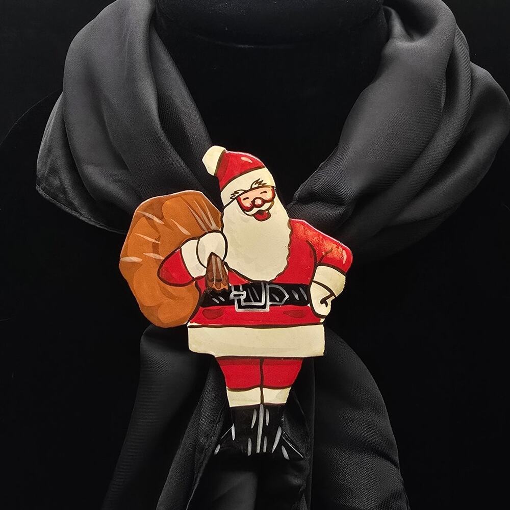 Hand Painted Santa Claus Scarf Clip Slide Ring Vintage 1980s Christmas